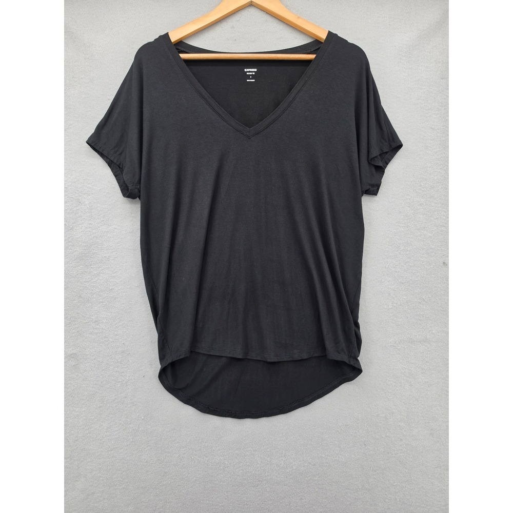 Express Relaxed Tee Black V-Neck High Low Hem Short Sleeve Top Small S RN 55285